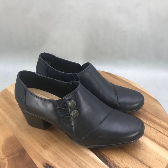 Clarks Emslie Warren Booties Womens 7.5 D Black Leather Side Zip Block Heel - Picture 1 of 8